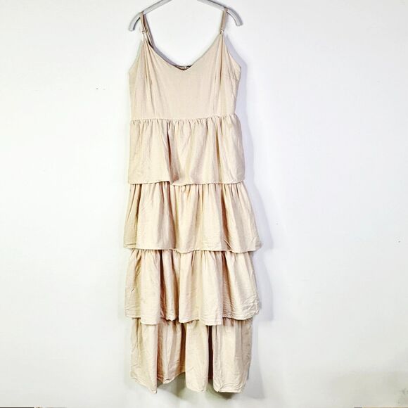 BOOHOO Dress Women 14 Beige V-neck Tiered Cotton Maxi Ruffle Layered Flounce NWT - Picture 1 of 9